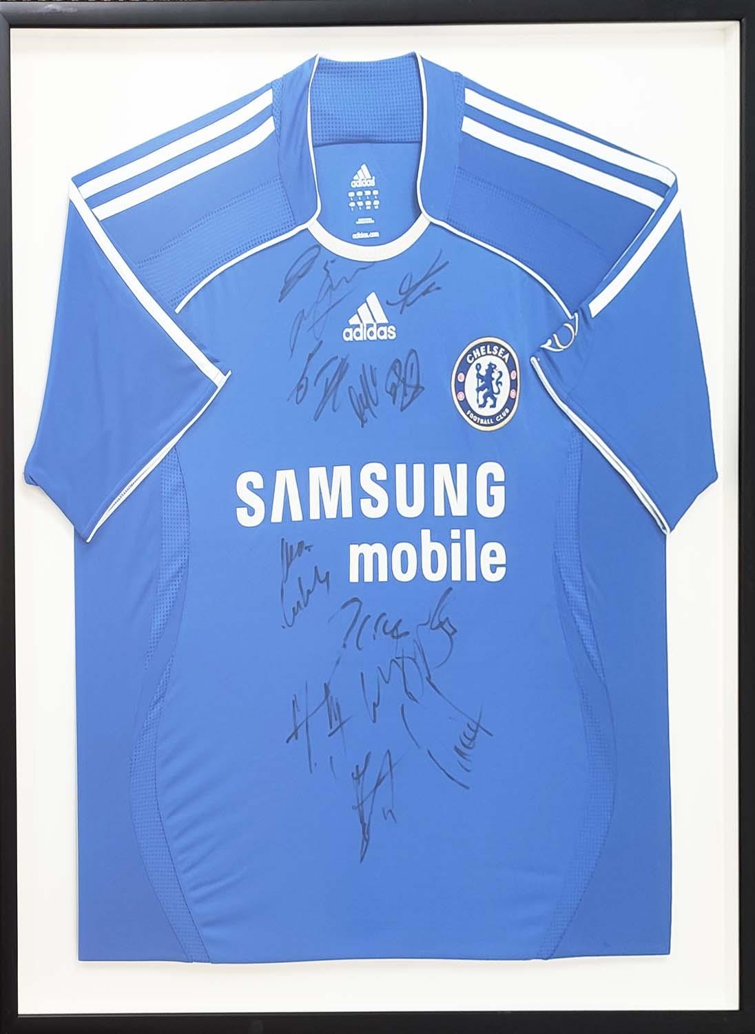 FRAMED CHELSEA SHIRTS, two, one signed by 'Deco', the other with multiple team signatures, 79cm x