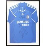 FRAMED CHELSEA SHIRTS, two, one signed by 'Deco', the other with multiple team signatures, 79cm x