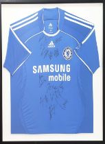 FRAMED CHELSEA SHIRTS, two, one signed by 'Deco', the other with multiple team signatures, 79cm x