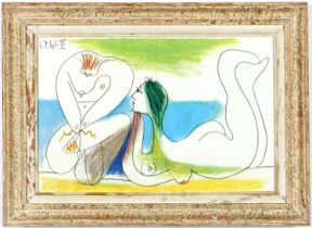 AFTER PABLO PICASSO, Two bathers, dated in the plate, off set lithograph, French vintage frame.