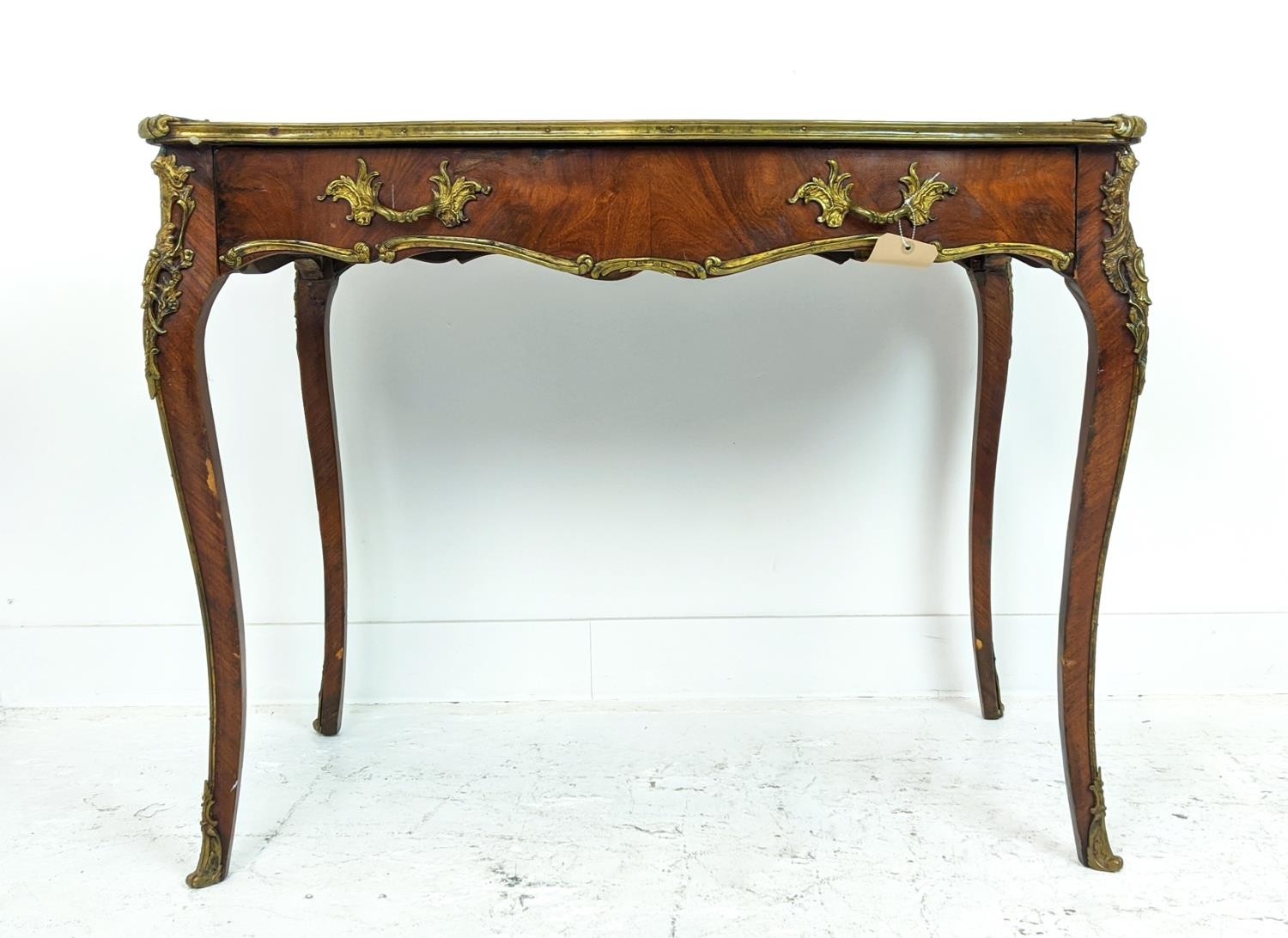BUREAU PLAT, circa 1880, Louis XV style, French parquetry with ormolu mounts single long drawer - Image 5 of 22