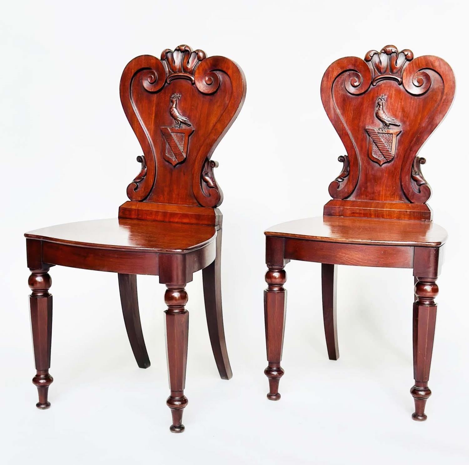 HALL CHAIRS, a pair, George III English Country House mahogany with carved armorial backs and - Image 4 of 14