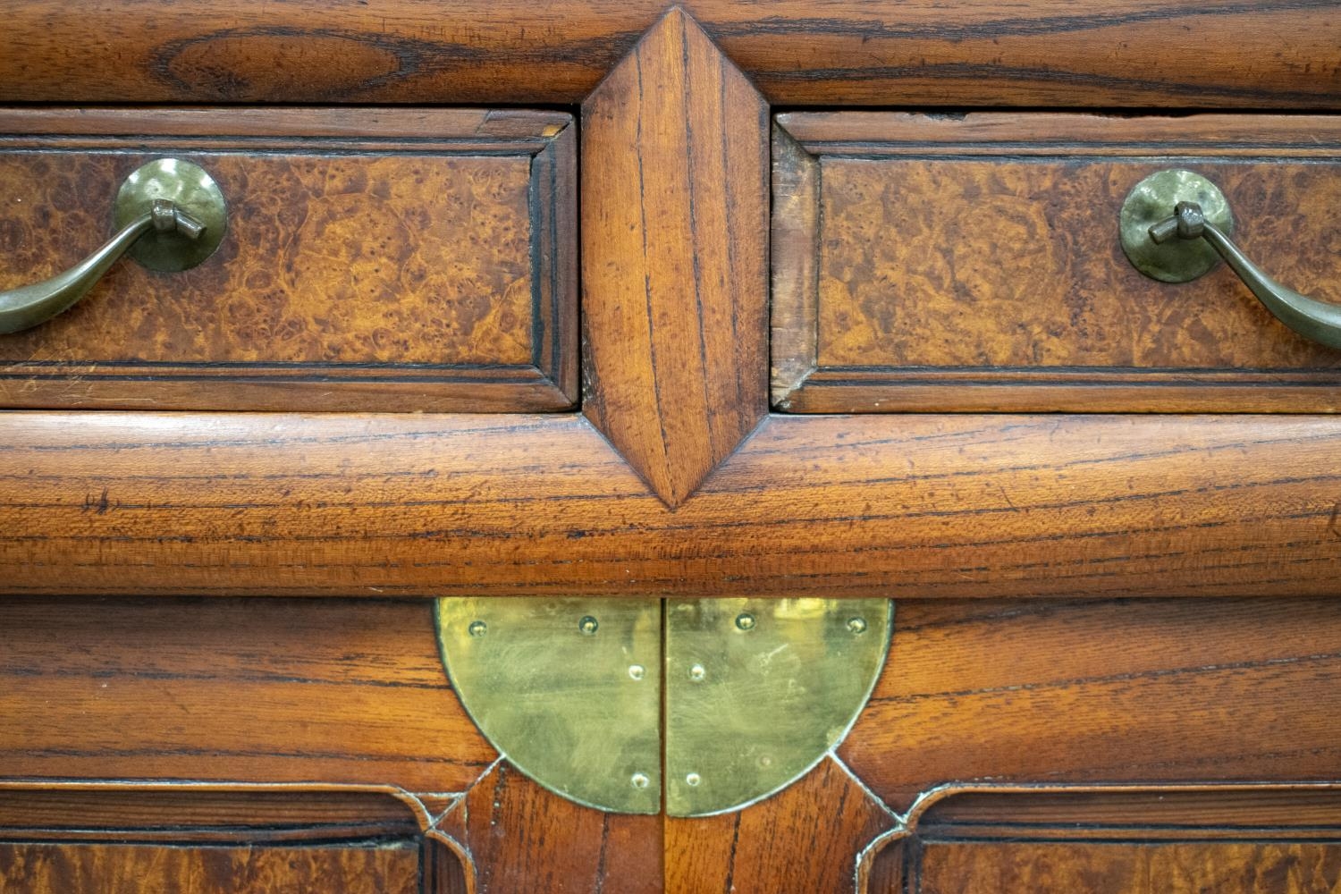 CABINET ON STAND, 19th century Korean burr elm, elm and brass mounted with four drawers above six - Image 4 of 4