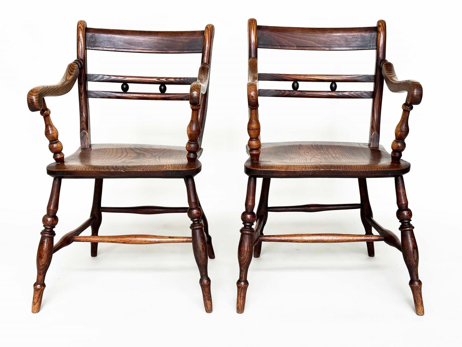 OXFORD ARMCHAIRS, a pair, 19th century English, High Wycombe, ash, elm and alder with shaped seats - Image 2 of 11