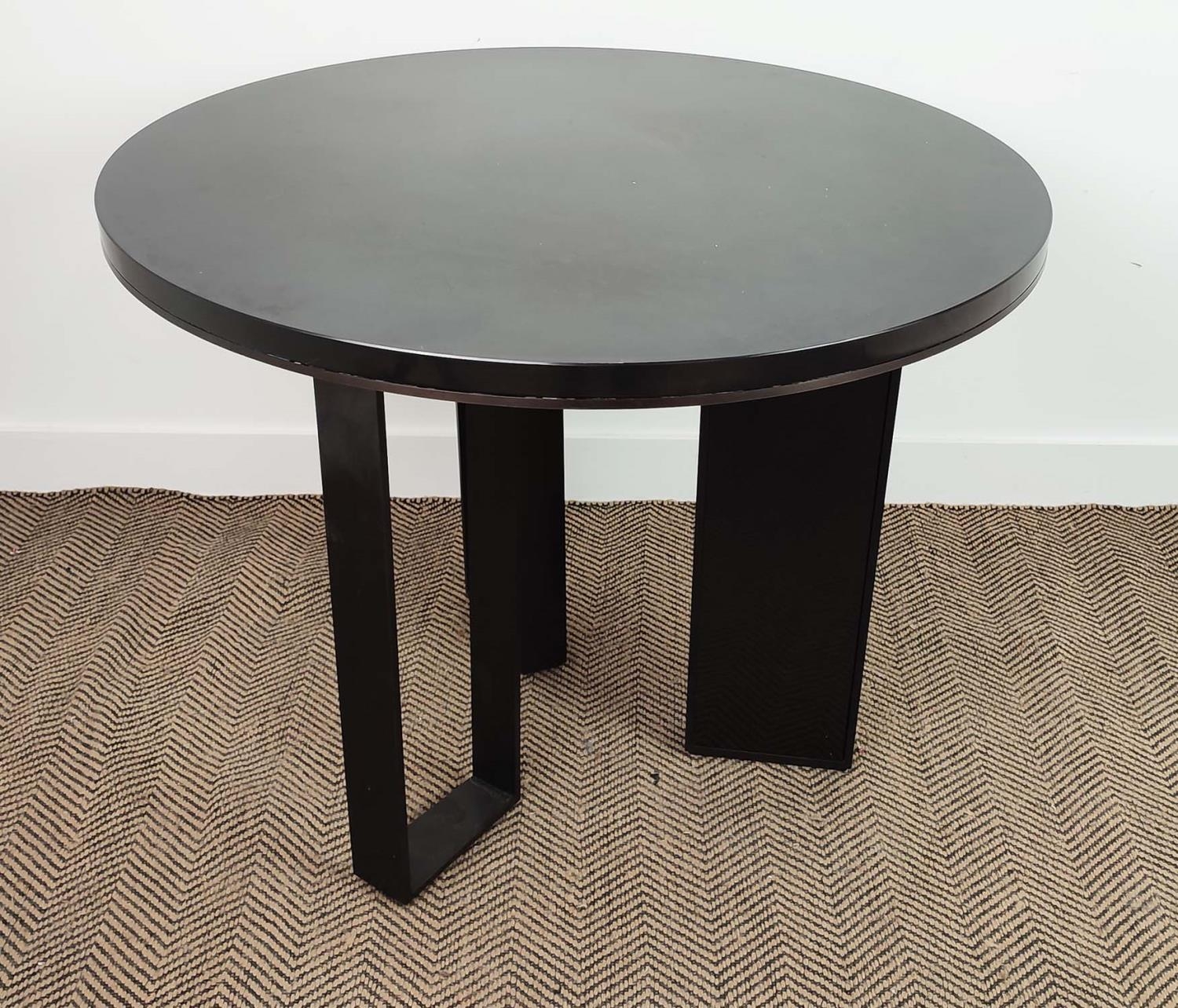 SIDE TABLE, circular black marble top on metal base, 76cm H x 90cm W.