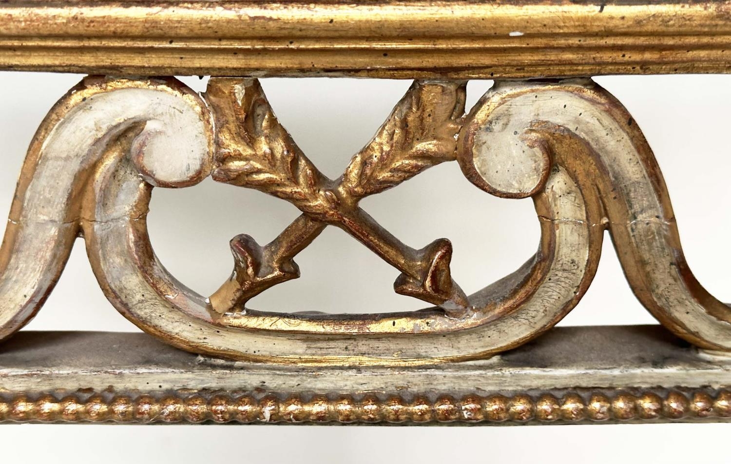 CONSOLE TABLE, late 19th century Italian grey painted and parcel gilt, bow fronted with Vitruvian - Image 4 of 8