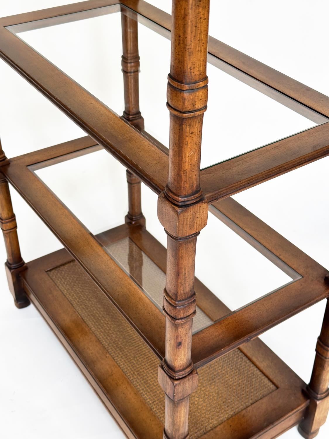 DISPLAY STAND, walnut with glass shelves and cane panelled undertier, 77cm W x 41cm D x 184cm H. - Bild 3 aus 8