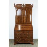 BUREAU CABINET, George II style yewwood and stellar inlaid with three finials over panelled doors