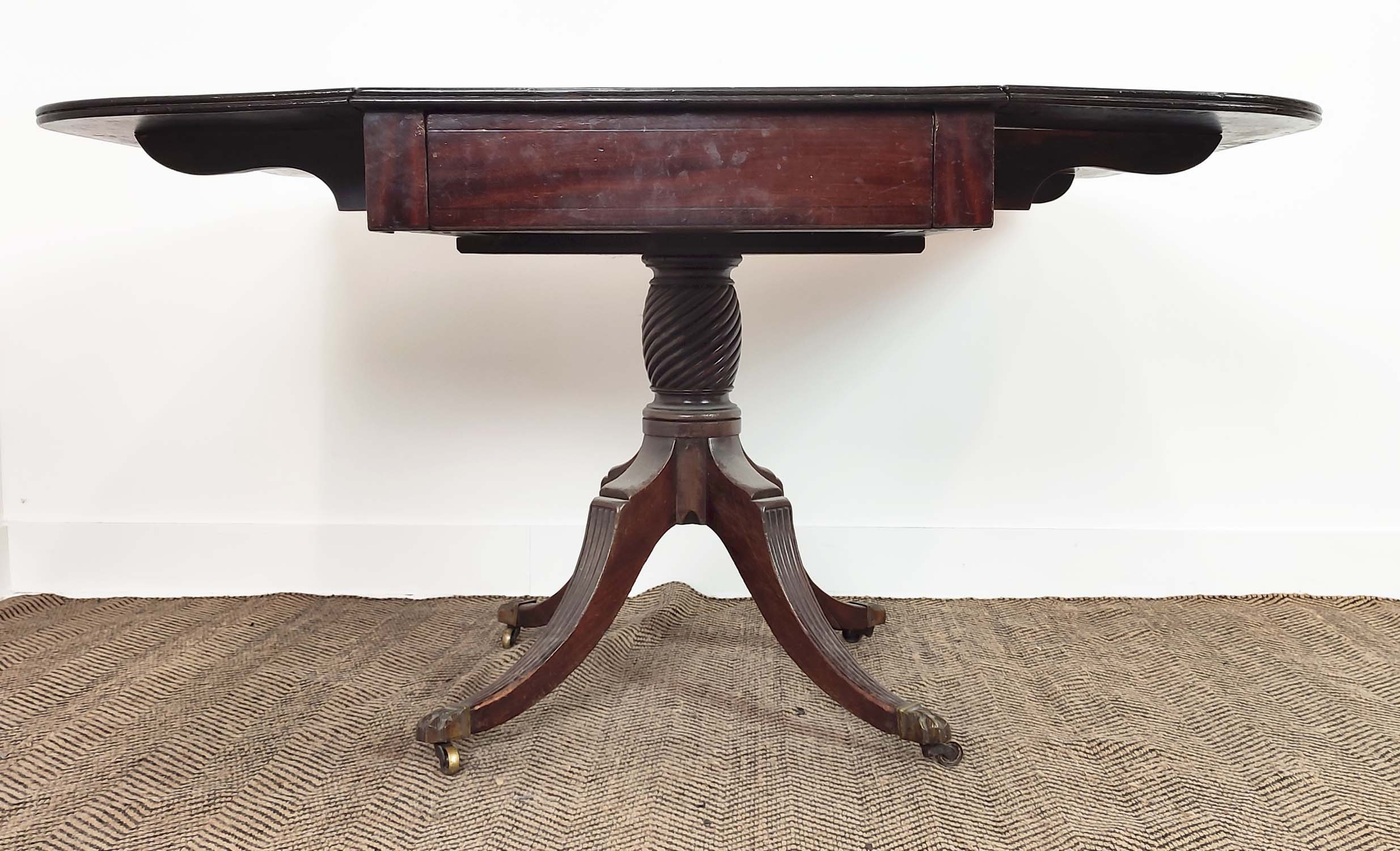 PEDESTAL PEMBROKE TABLE, Regency mahogany with a pair of drop leaves and drawer on reeded quadraform - Image 8 of 18