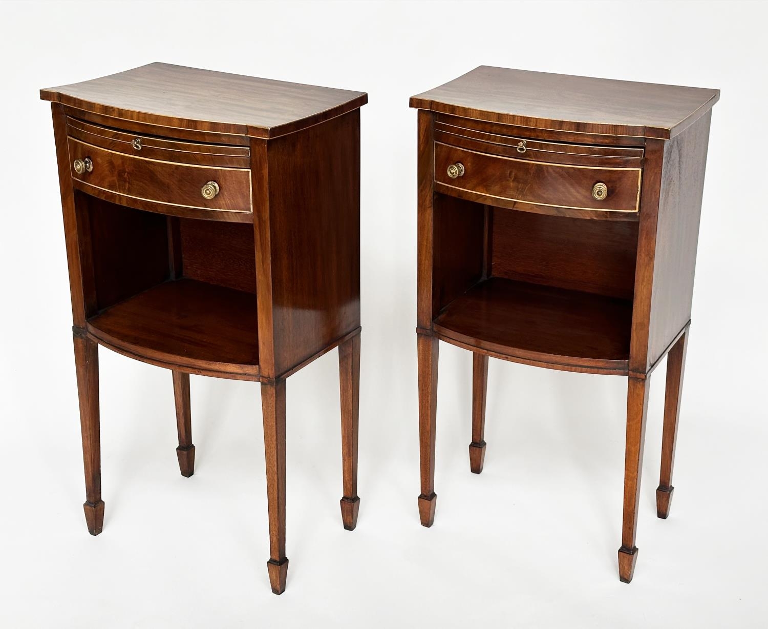 BOWFRONT LAMP TABLES, a pair, George III design figured mahogany and boxwood lined each with - Image 4 of 16