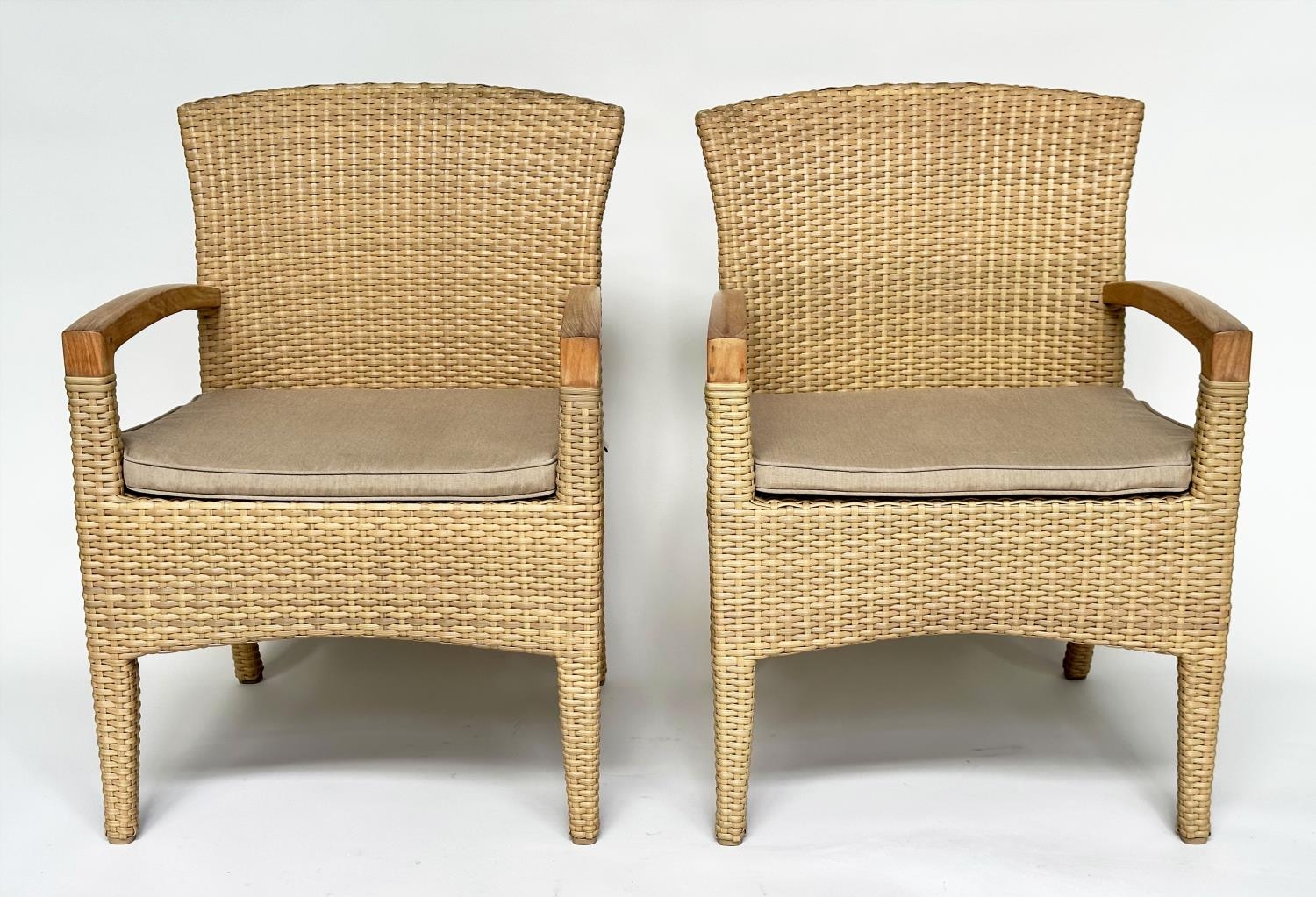 TERRACE/GARDEN ARMCHAIRS BY GLOSTER, a pair, all weather rattan woven and teak framed with cushions, - Image 11 of 11