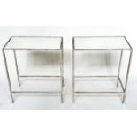 SIDE TABLES, a pair, French style, rectangular antique style leaf silvered metal framed and mirror