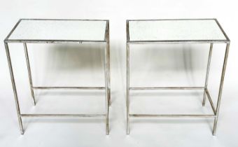 SIDE TABLES, a pair, French style, rectangular antique style leaf silvered metal framed and mirror