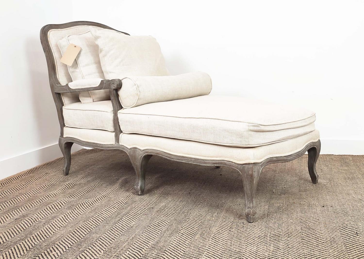 DAYBED, grey linen upholstered with a showframe, 73cm x 99cm H x 148cm L. - Image 2 of 7
