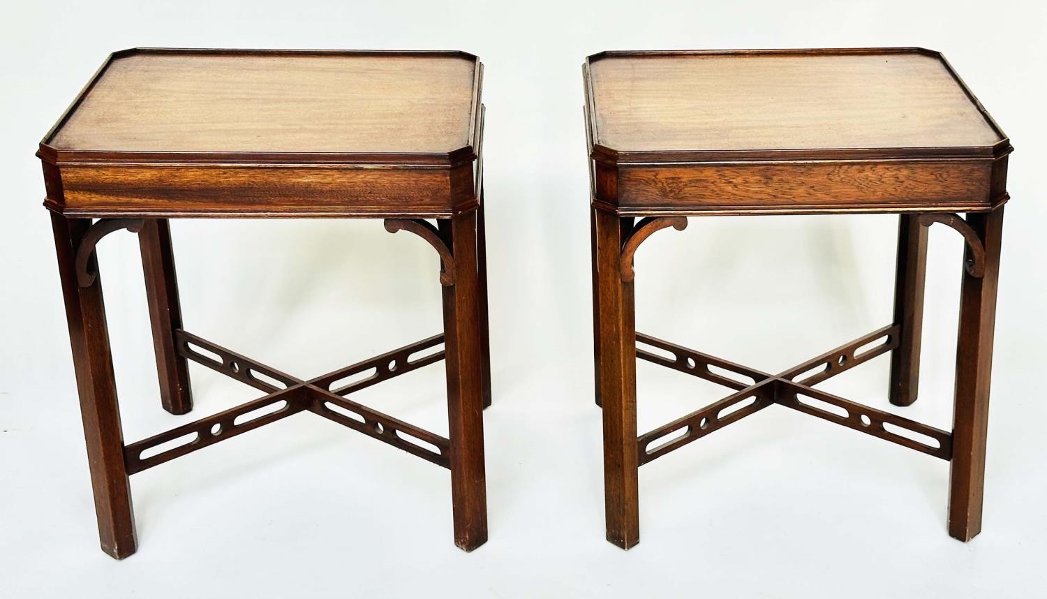 LAMP TABLES, a pair, George III design mahogany each with canted corners and pierced 'X' stretchers,