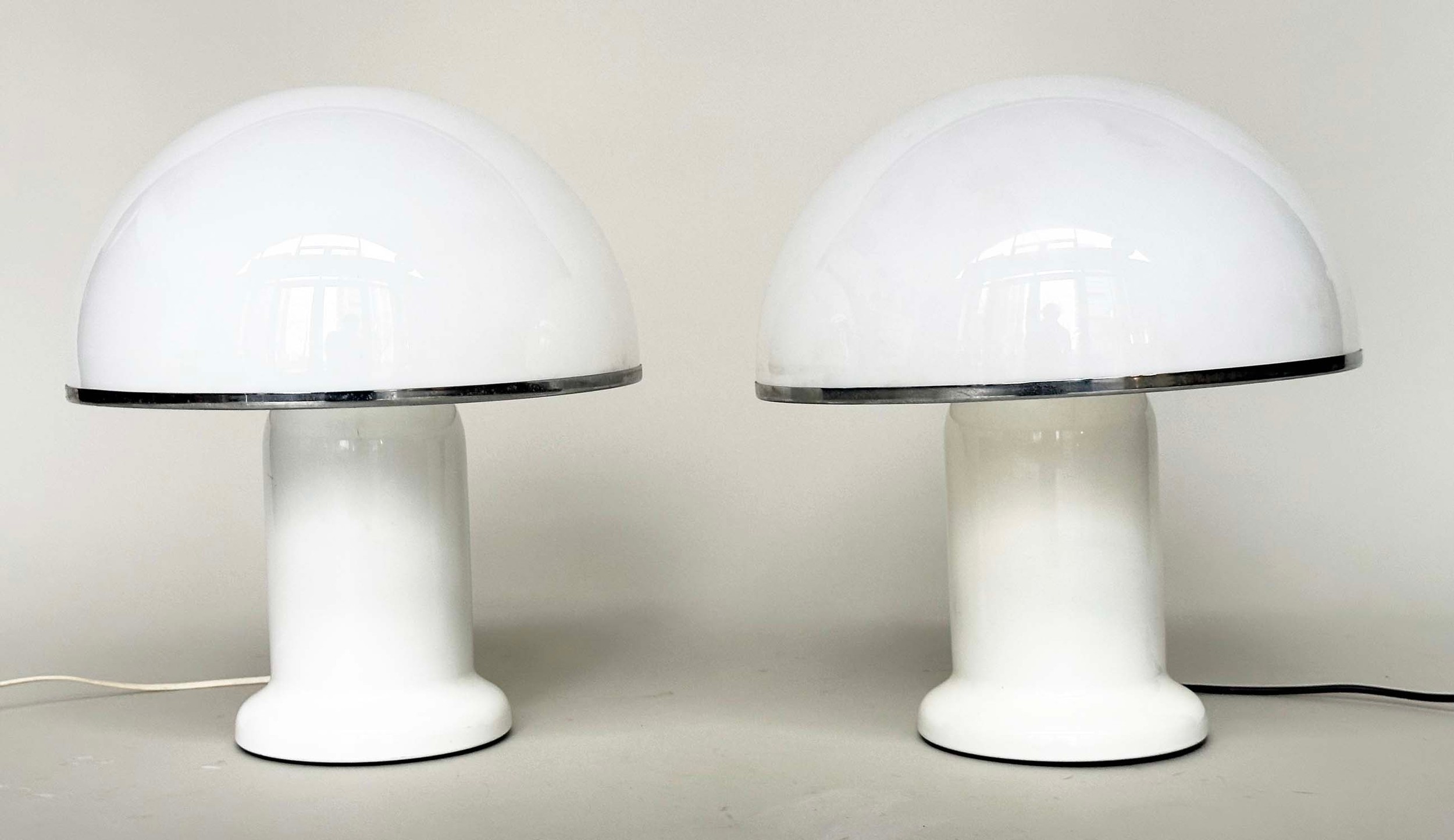 MUSHROOM LAMPS, a pair, opaque plexiglass shade and white body, 43cm H. (2) - Image 6 of 6