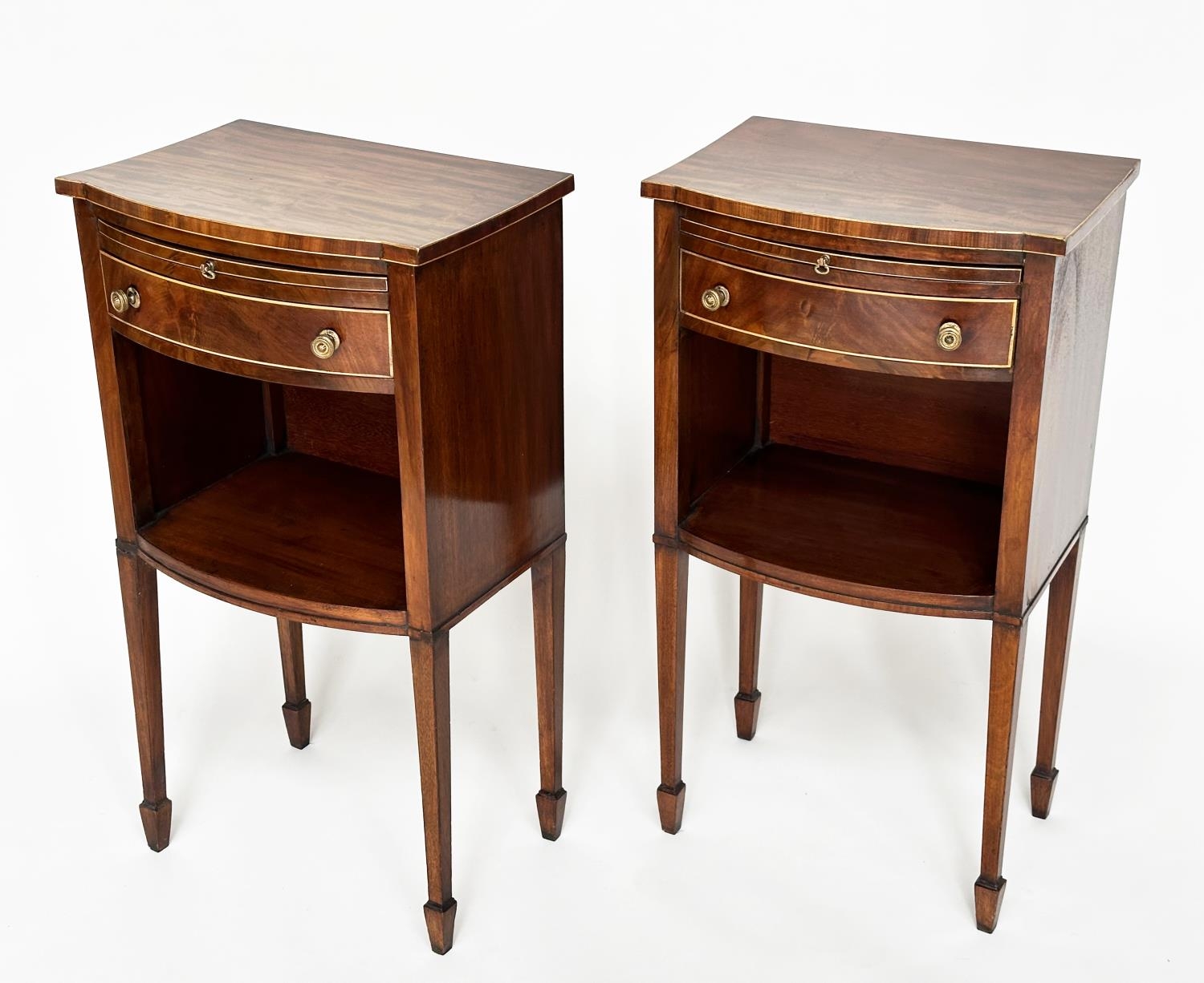 BOWFRONT LAMP TABLES, a pair, George III design figured mahogany and boxwood lined each with - Image 5 of 16