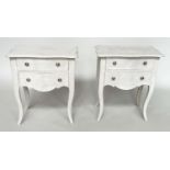 BEDSIDE CHESTS, a pair, French traditionally grey painted each with two drawers and cabriole