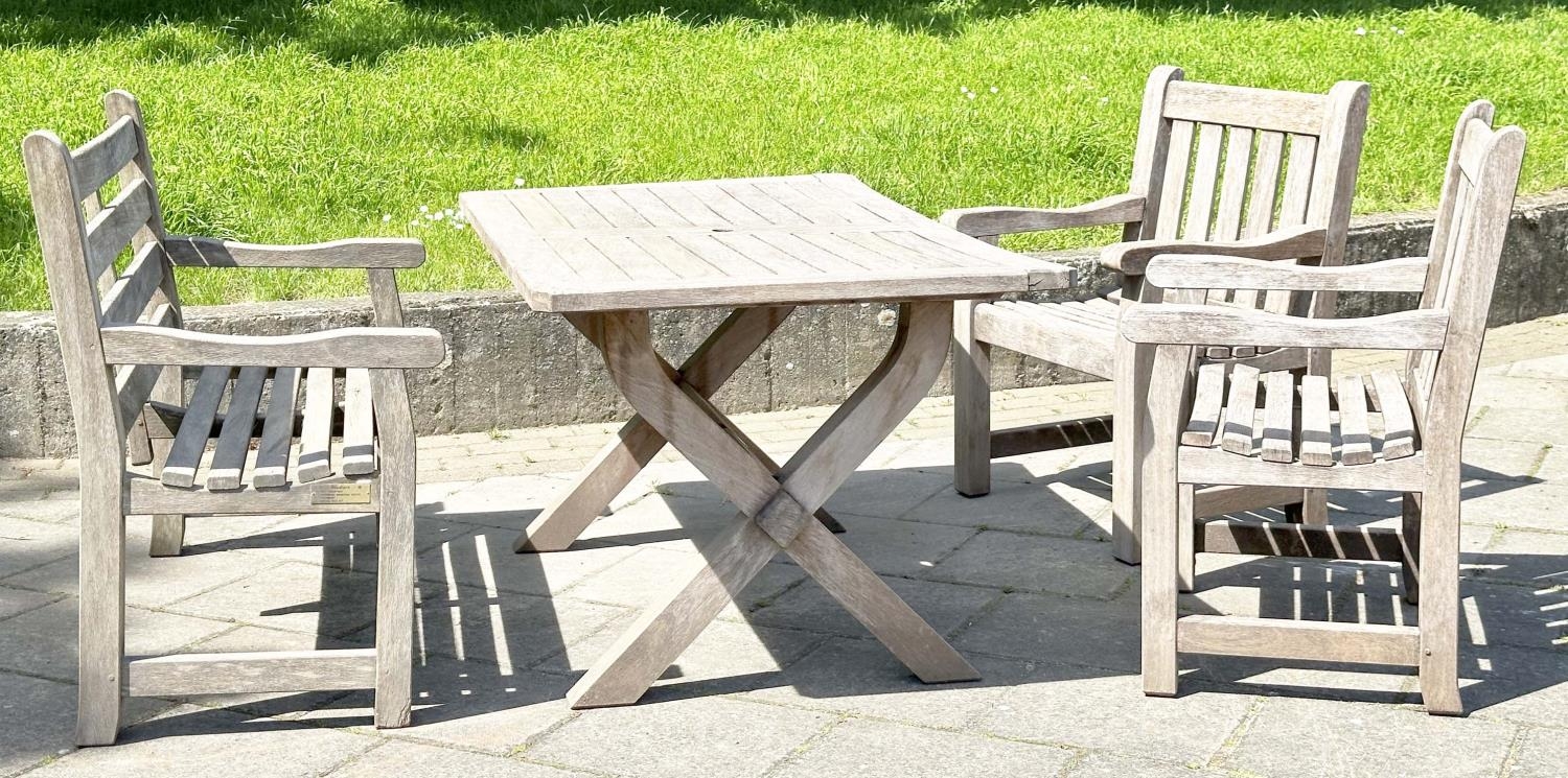 GARDEN SET BY WOODFERN, well weathered teak with substantial X frame table, 72cm H x 152cm W x