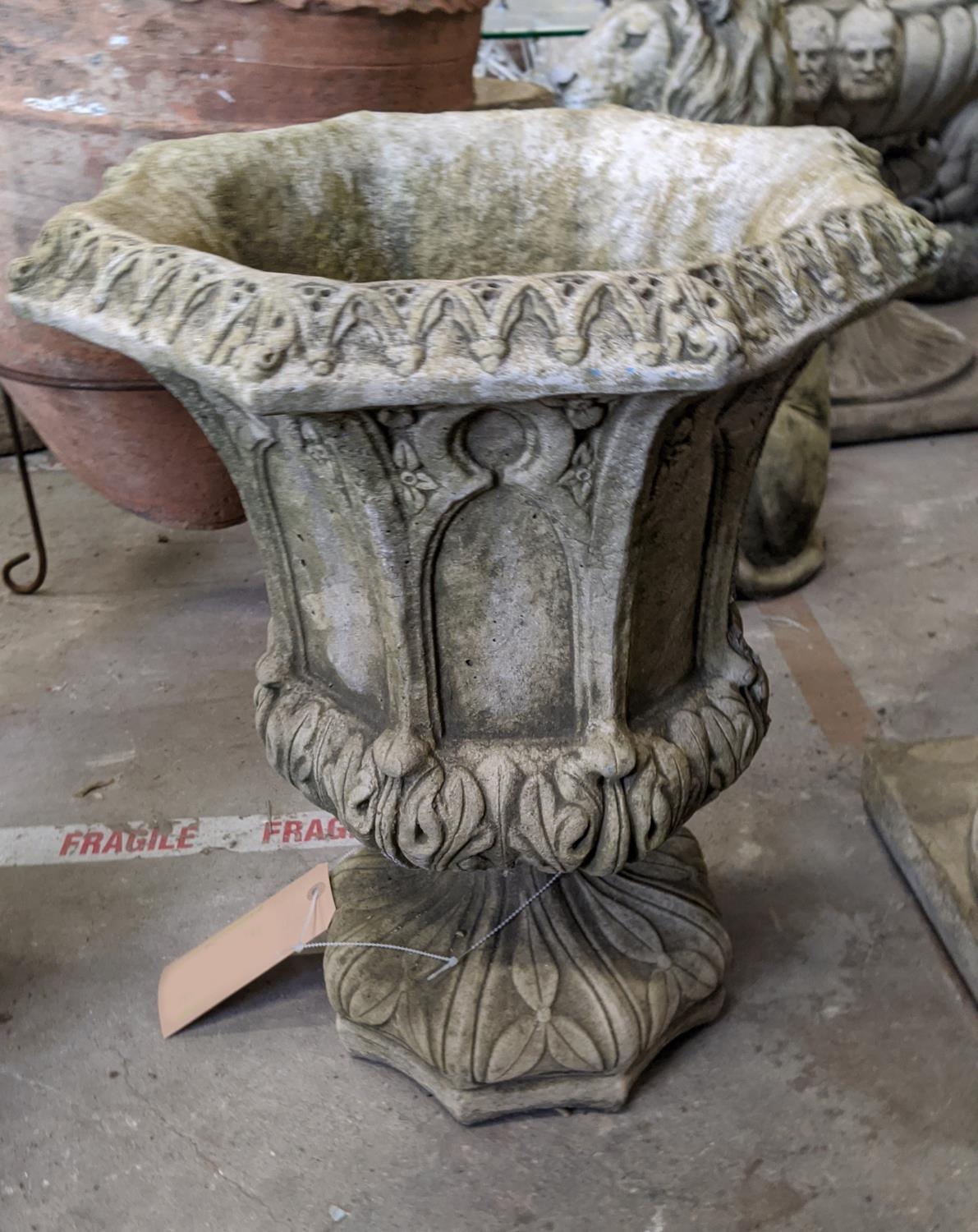 COMPOSITE STONE GOTHIC STYLE PLANTERS, a pair, 51cm H. (2) - Image 2 of 6