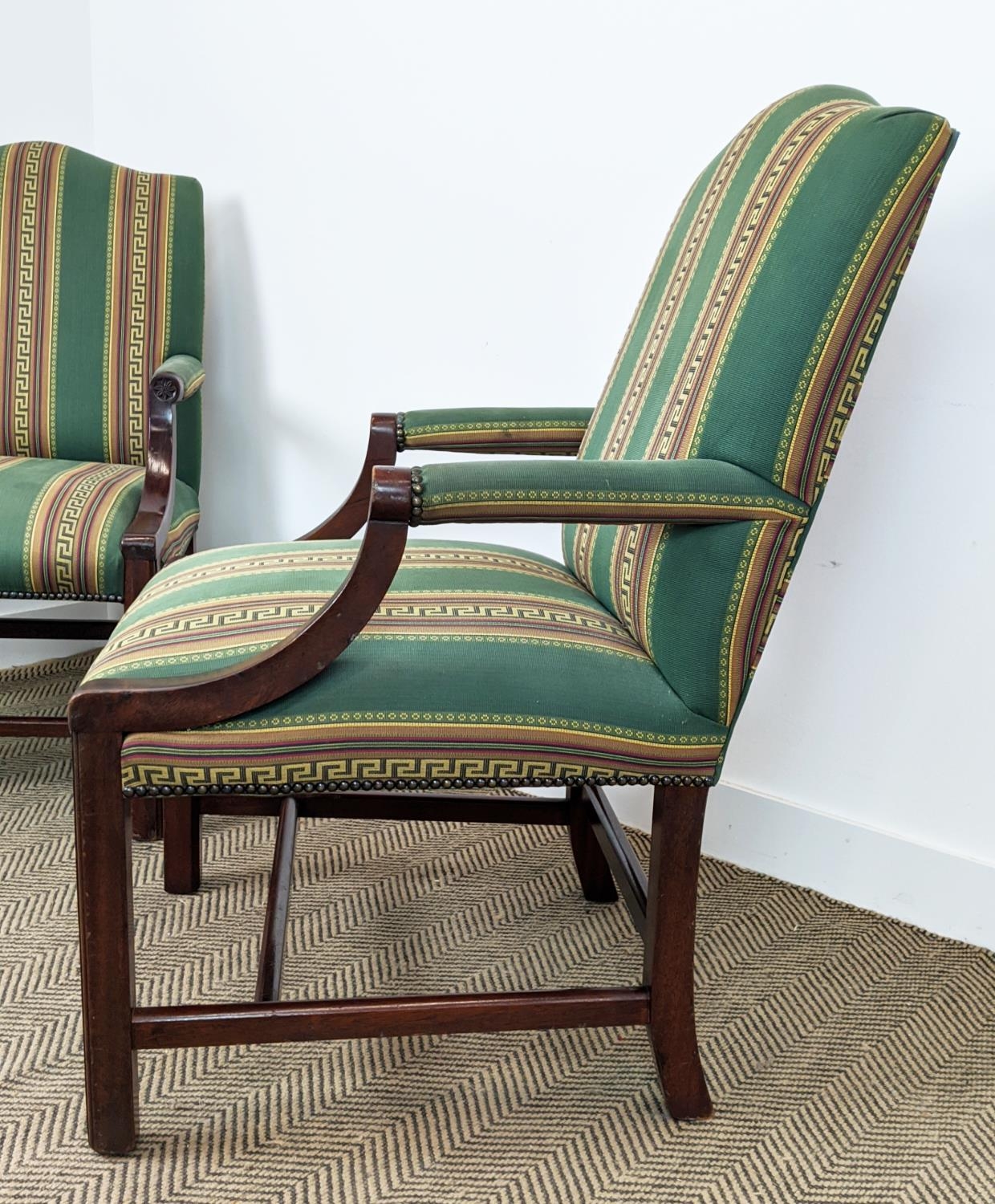GAINSBOROUGH STYLE ARMCHAIRS, a pair, mahogany in green Greek key striped fabric, 102cm H x 63cm. ( - Image 6 of 18