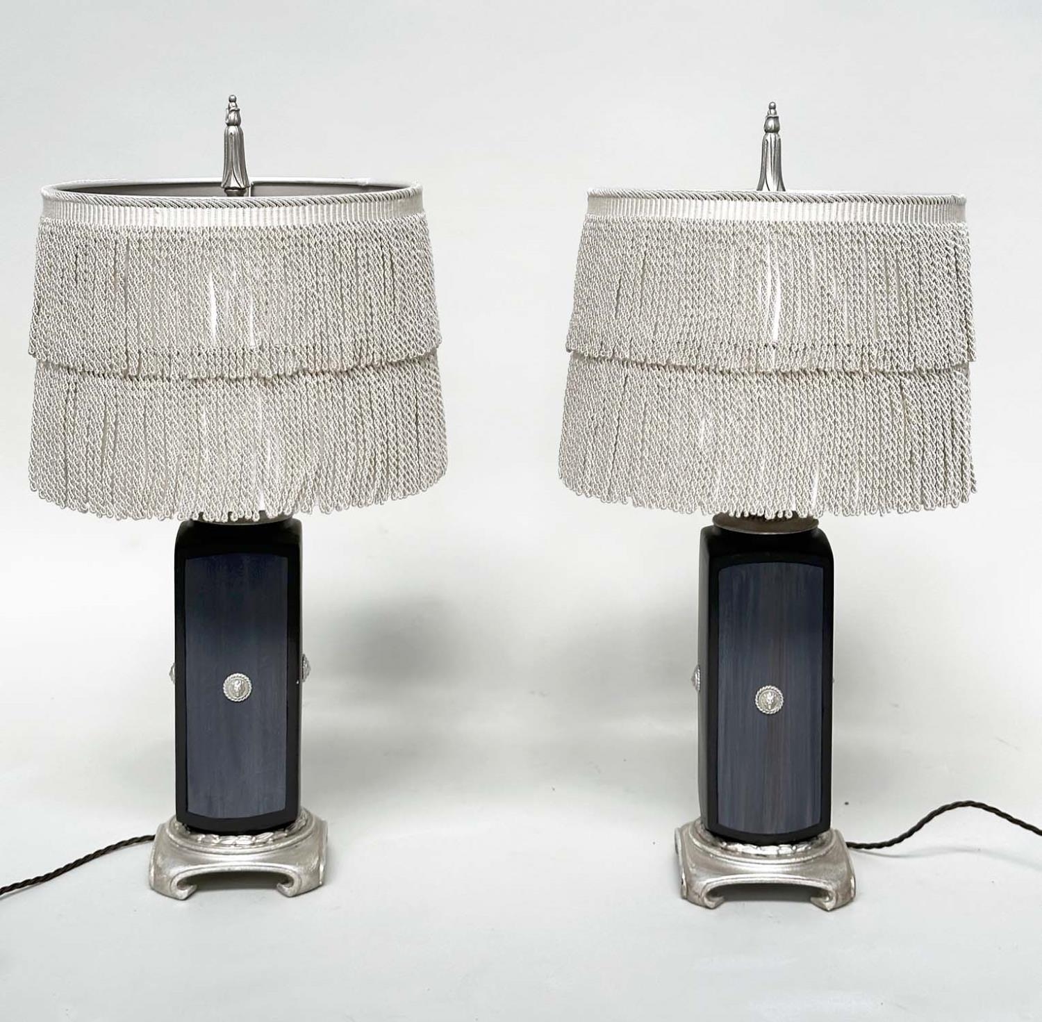 TABLE LAMPS, a pair, Versace style black with silvered lion mask and base detail with 'tassle' - Image 11 of 11