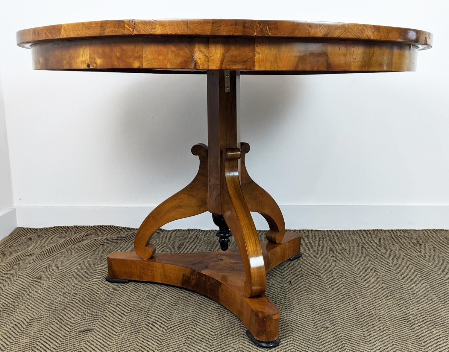 CENTRE TABLE, Biedermeier walnut, ebonised and inlaid with circular segment veneered top, 82cm H x - Image 4 of 20
