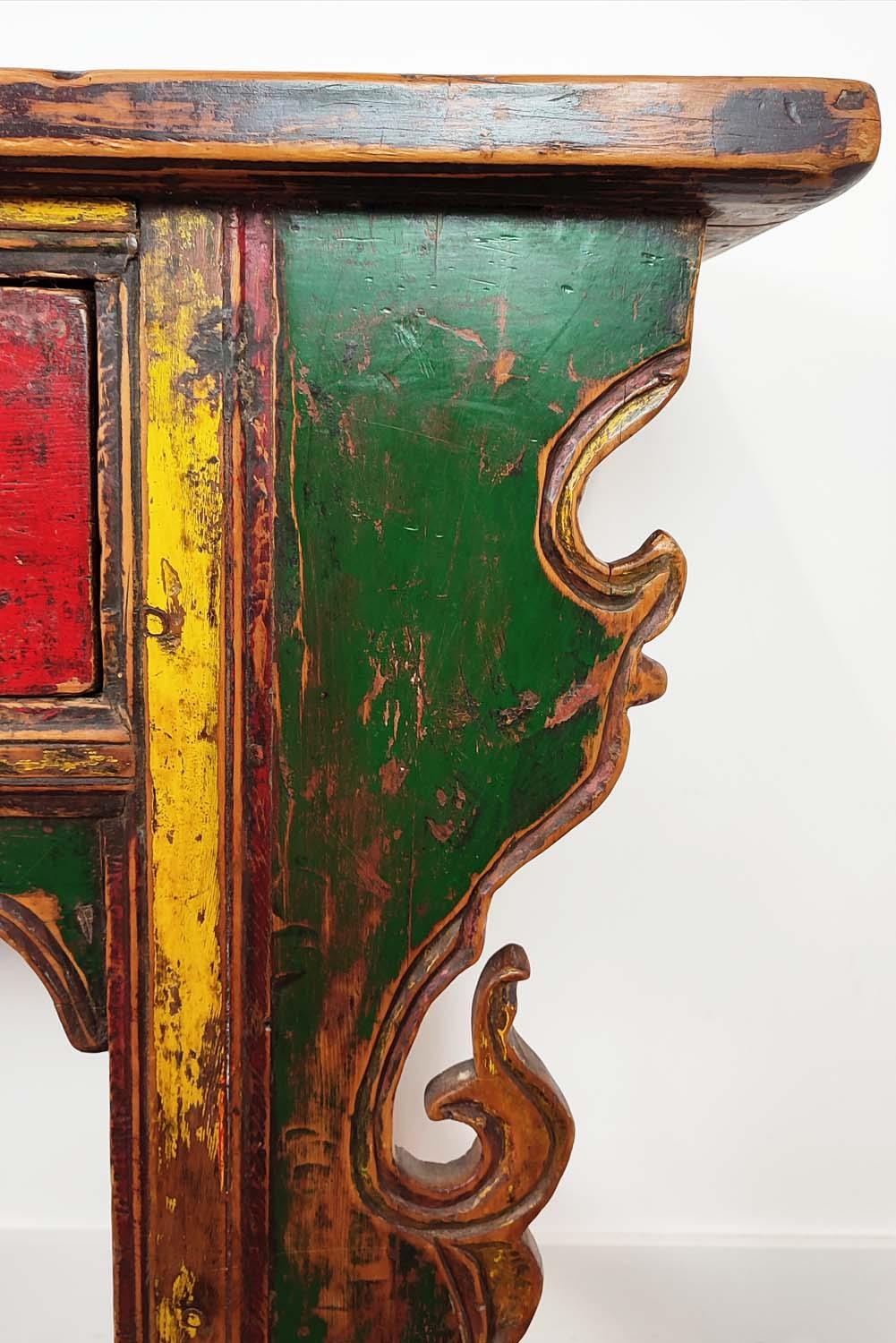 SIDE TABLE, Chinese, red, green and yellow lacquer, fitted with three drawers, 89cm H x 192cm W x - Image 10 of 16