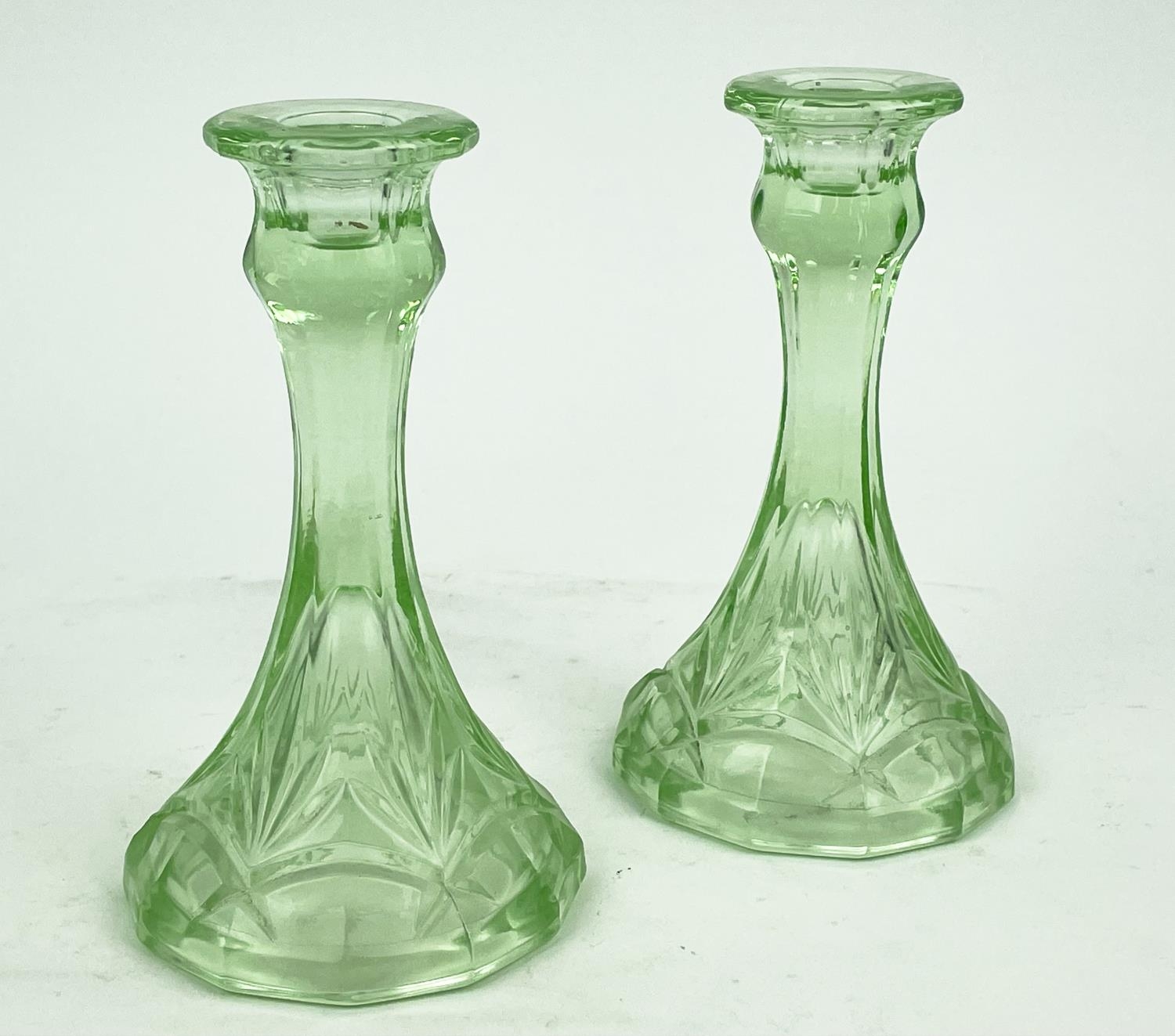 QUANTITY OF GREEN URANIUM GLASS, three pairs of candlesticks, a large figural vase, a mermaid - Image 14 of 16