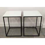 SIDE TABLES, a pair, 40cm x 40cm x 55cm, frosted glass tops, on black painted metal supports. (2)