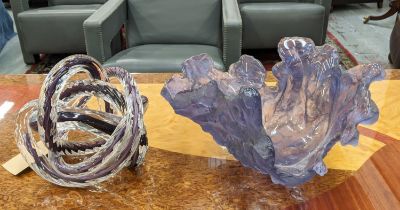 AMETHYST GLASS VASE, of organic form, 25cm H x 43cm W approx, together with a twinned glass