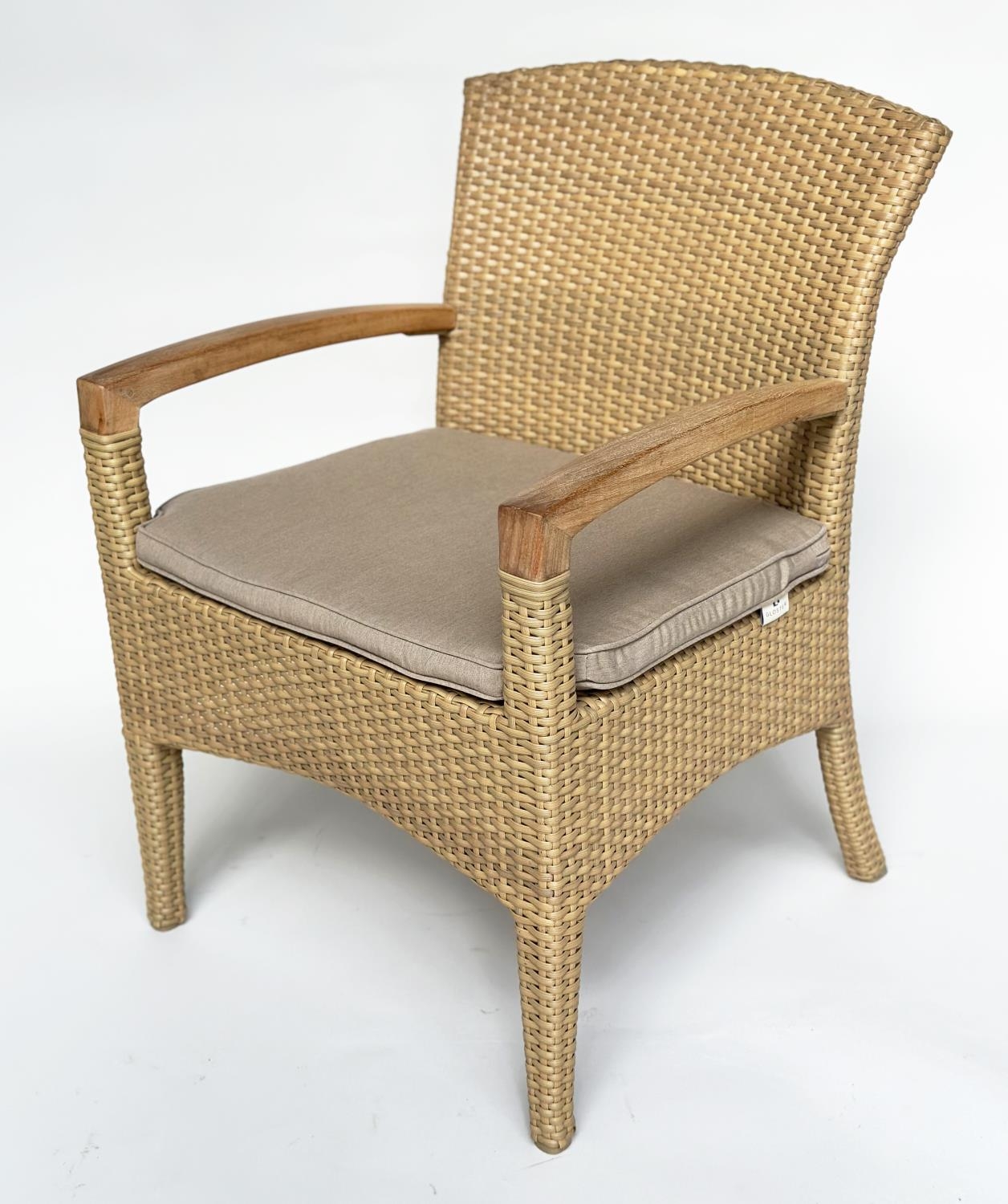 TERRACE/GARDEN ARMCHAIRS BY GLOSTER, a pair, all weather rattan woven and teak framed with cushions, - Image 3 of 11