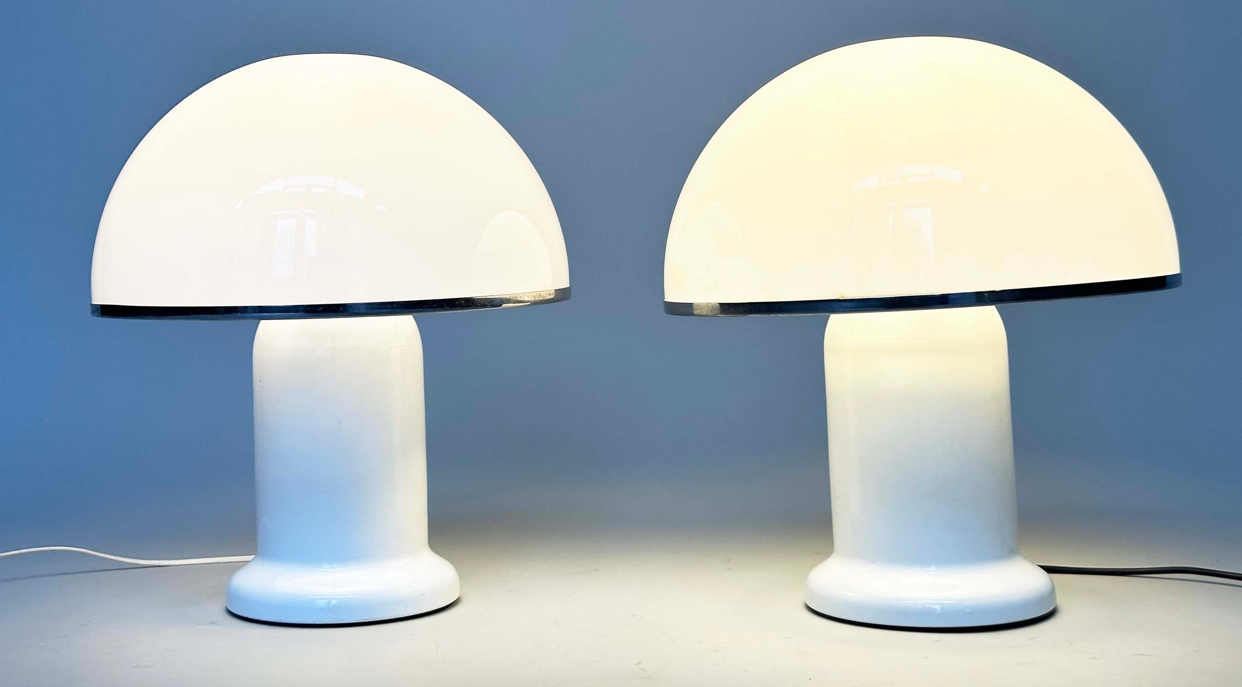 MUSHROOM LAMPS, a pair, opaque plexiglass shade and white body, 43cm H. (2) - Image 2 of 6