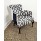 ARMCHAIR, Edwardian upholstered in patterned fabric and navy blue velvet, 74cm H x 62cm.