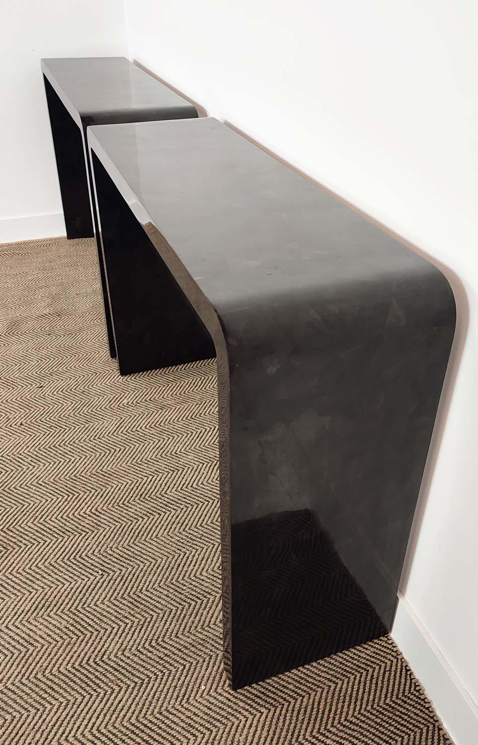 CONSOLE TABLES, a pair, black lacquered tessellated design, 83cm H x 120cm W x 35cm D. (2) - Image 3 of 5