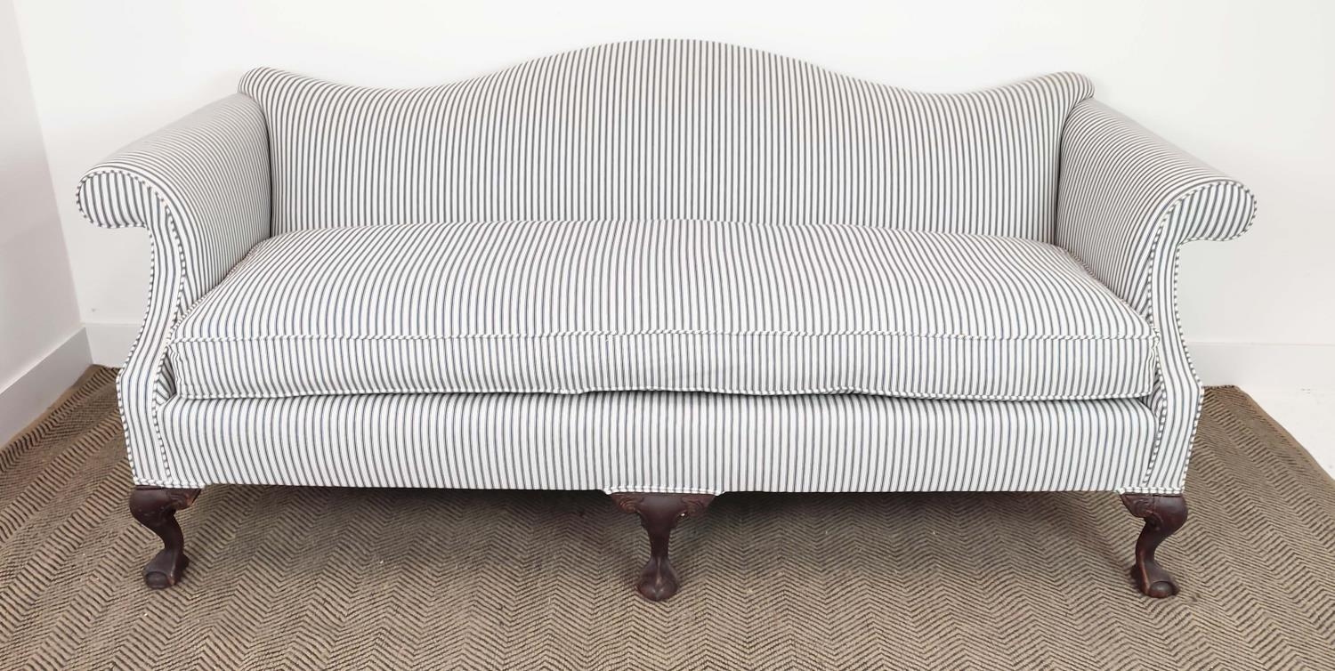 SOFA, George III style in new ticking upholstery, 85cm H x 204cm.