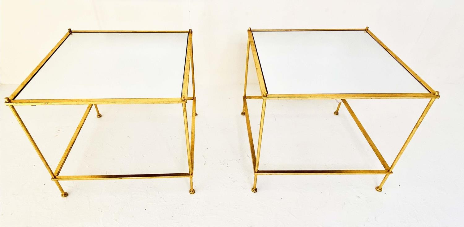 MAISON BAGUES STYLE SIDE TABLES, a pair, gilt metal with mirrored glass tops, 50cm H x 50cm W x 50cm