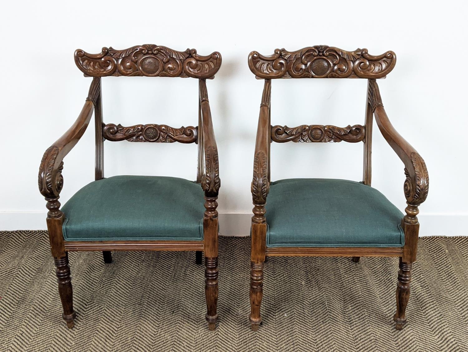 ARMCHAIRS, a pair, mid 19th century mahogany with green stuffover seats, 91cm H x 58cm x 58cm. (2) - Image 3 of 18