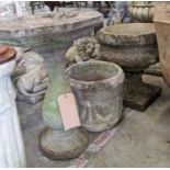 THREE COMPOSITE STONE GARDEN ITEMS, including a bird bath 56cm H x 42cm W, pot 29cm H x 29cm W,