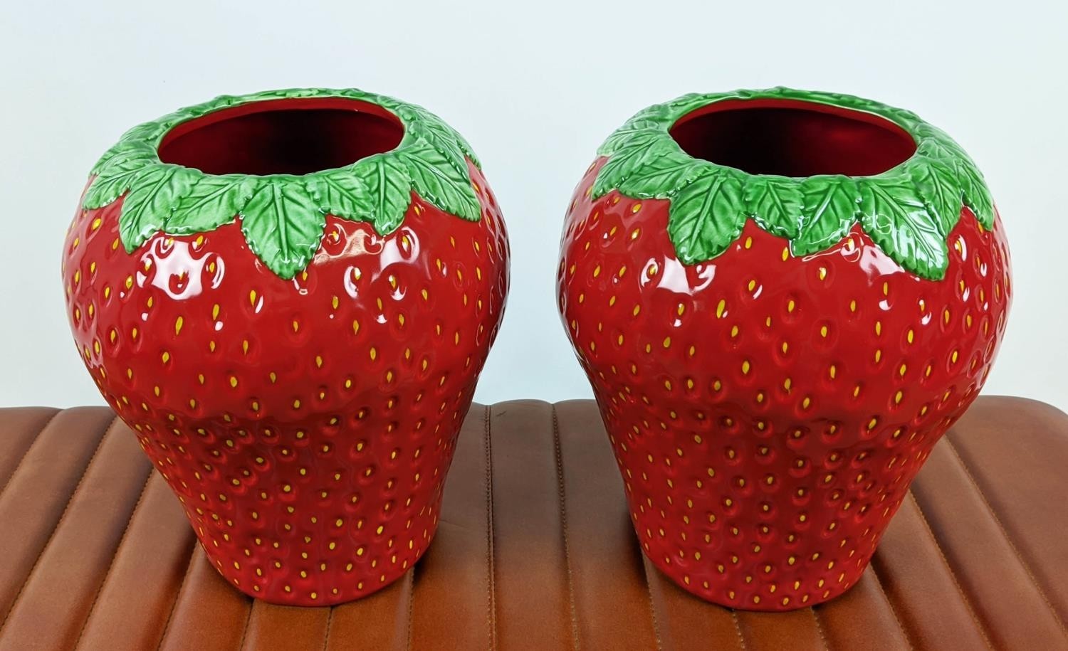 STRAWBERRY VASES, a pair, red and green glazed ceramic, 28cm H. (2) - Image 2 of 6