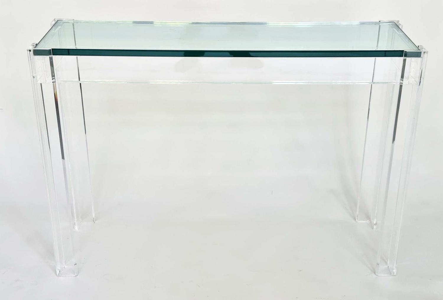 LUCITE CONSOLE TABLE, rectangular plate glass in lucite supports, 109cm W x 34cm D x 75cm H. - Image 2 of 4