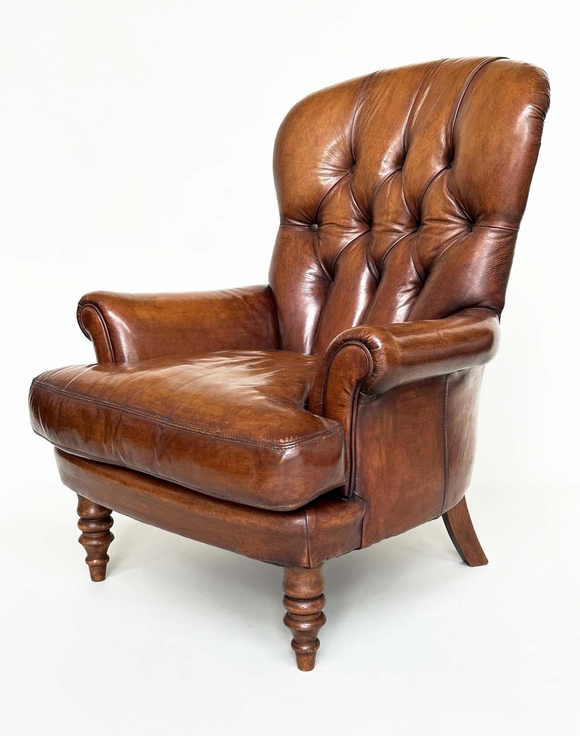 LIBRARY ARMCHAIR, Georgian design with deep buttoned soft natural tan brown leather upholstery and - Image 2 of 14