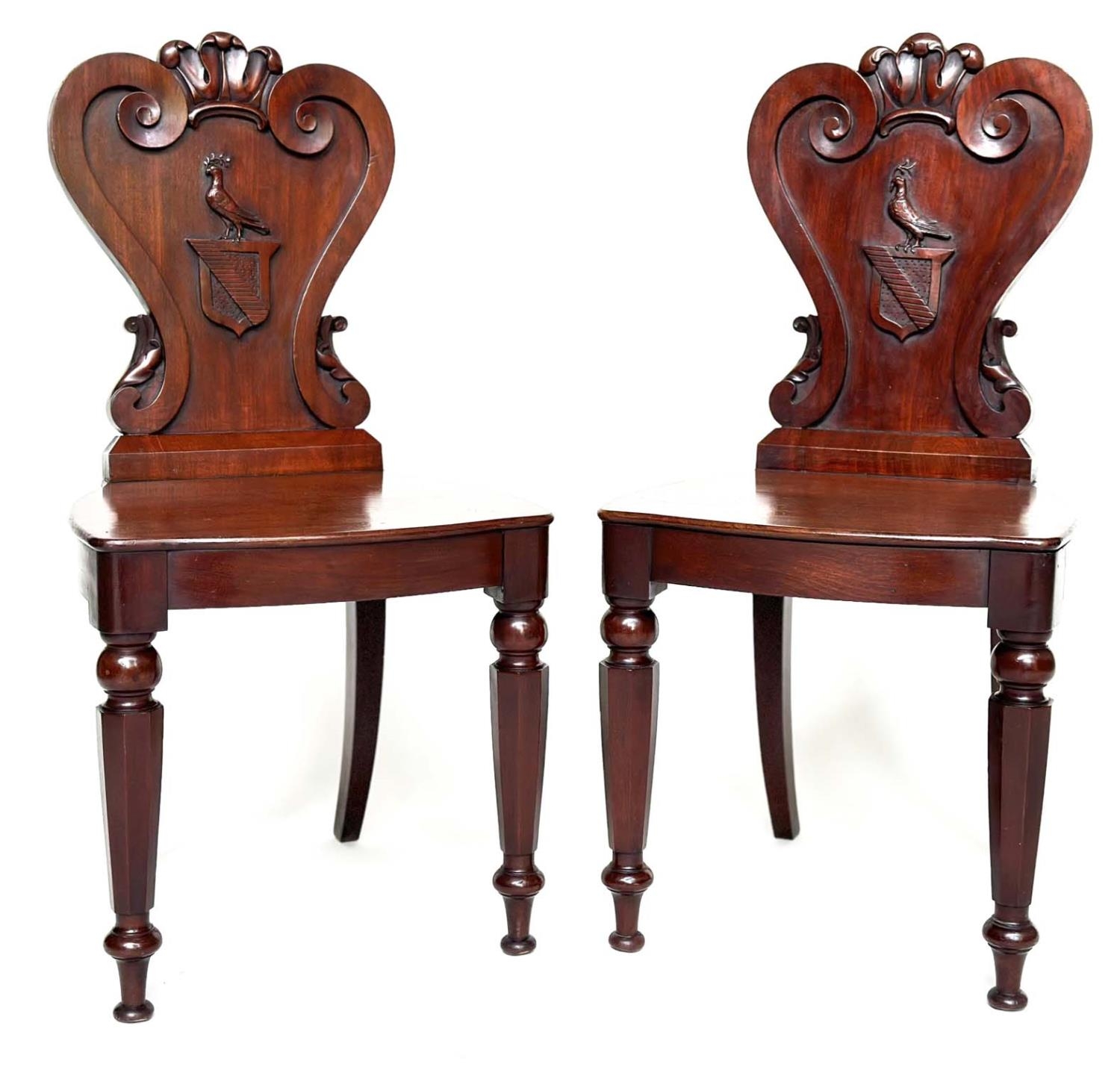 HALL CHAIRS, a pair, George III English Country House mahogany with carved armorial backs and - Image 5 of 14