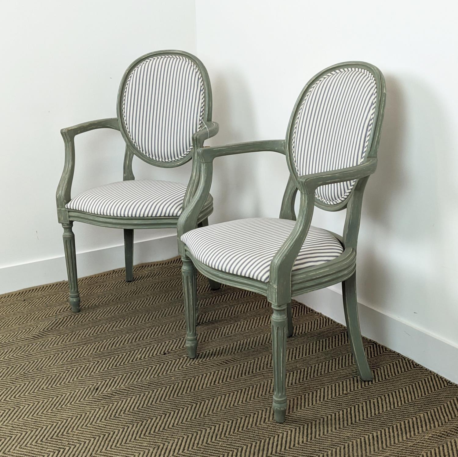 A PAIR OF LOUIS XVI STYLE FAUTEUILS, blue and grey pin stripe fabric, grey distressed finish to - Image 7 of 18