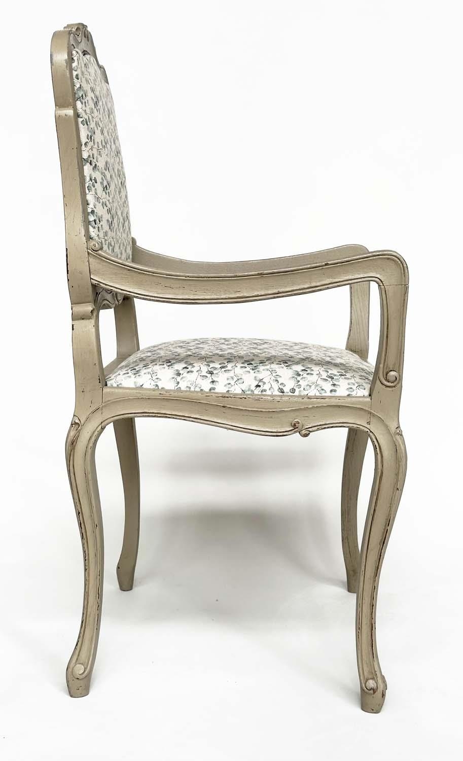 FAUTEUILS, a pair, French Louis XV style grey painted with eucalyptus print linen upholstery, 99cm H - Bild 6 aus 7