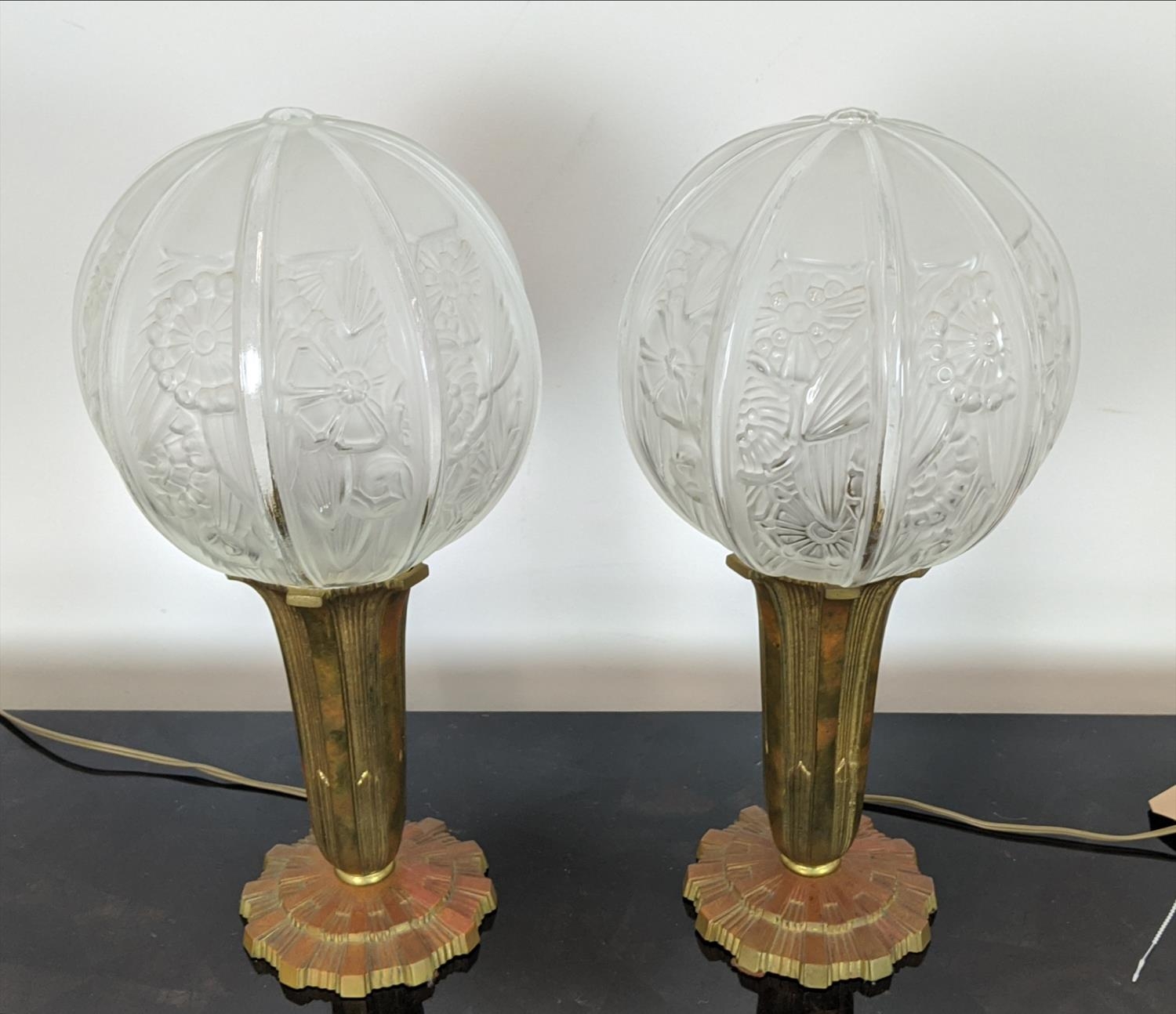 TABLE LAMPS, a pair, Art Deco, with frosted glass orbs and gilt metal bases, each 40cm H. (2) - Image 6 of 16