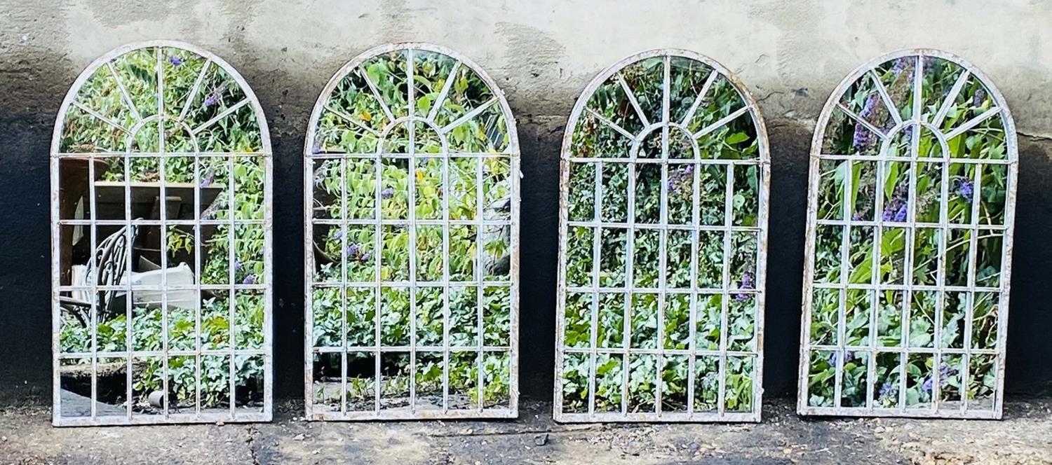 ARCHITECTURAL GARDEN WALL MIRRORS, a set of four, distressed metal arched frames, 60cm H x 36cm. (4) - Image 3 of 3
