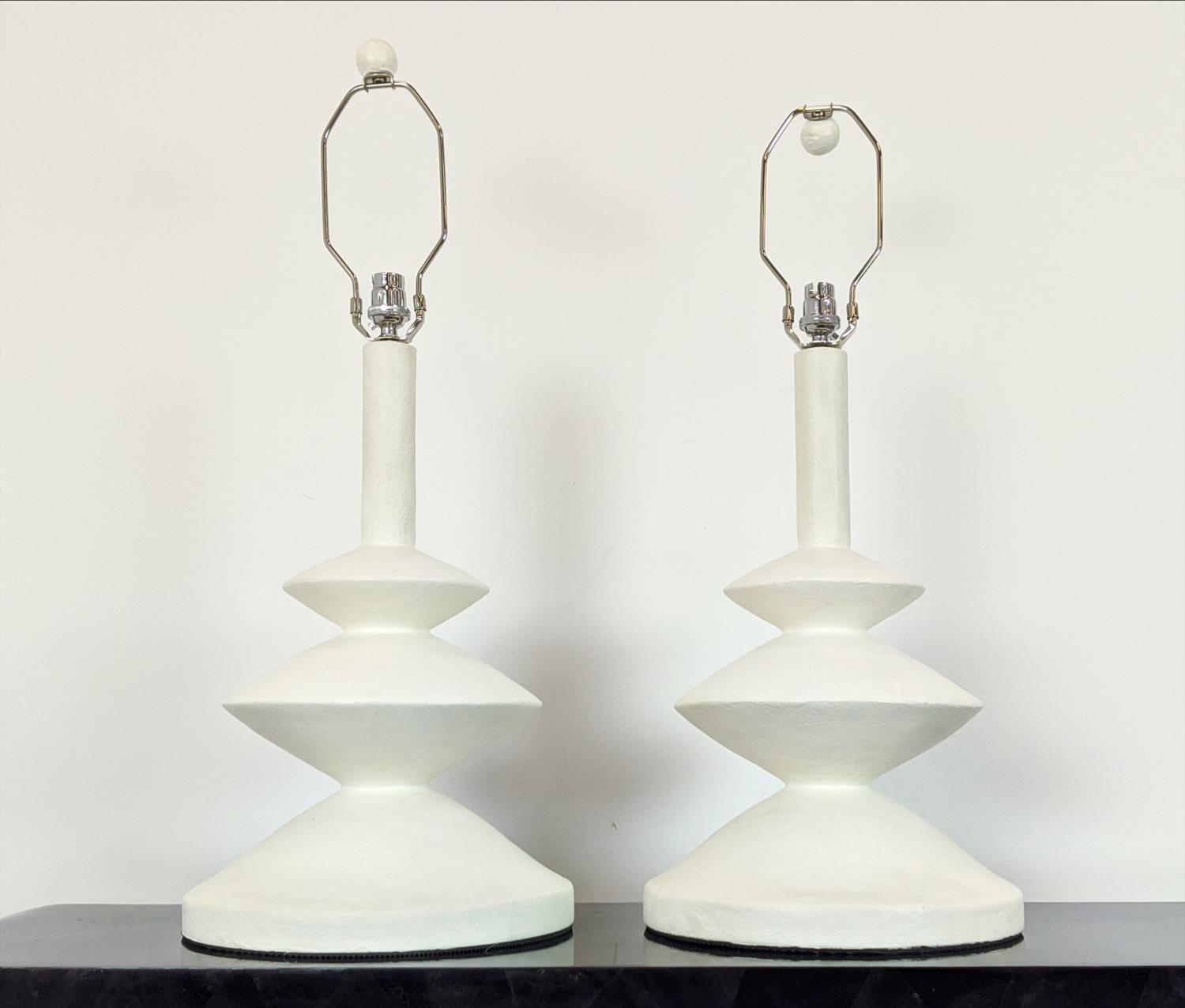 JEAN MICHEL FRANK INSPIRED WHITE PLASTER TABLE LAMPS, a pair, bases each 53cm H. (2) - Image 3 of 12
