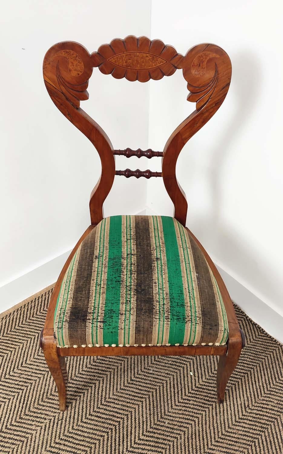 SIDE CHAIRS, a pair, Biedermeier cherrywood and thuya with worn green and brown striped drop in - Image 8 of 14