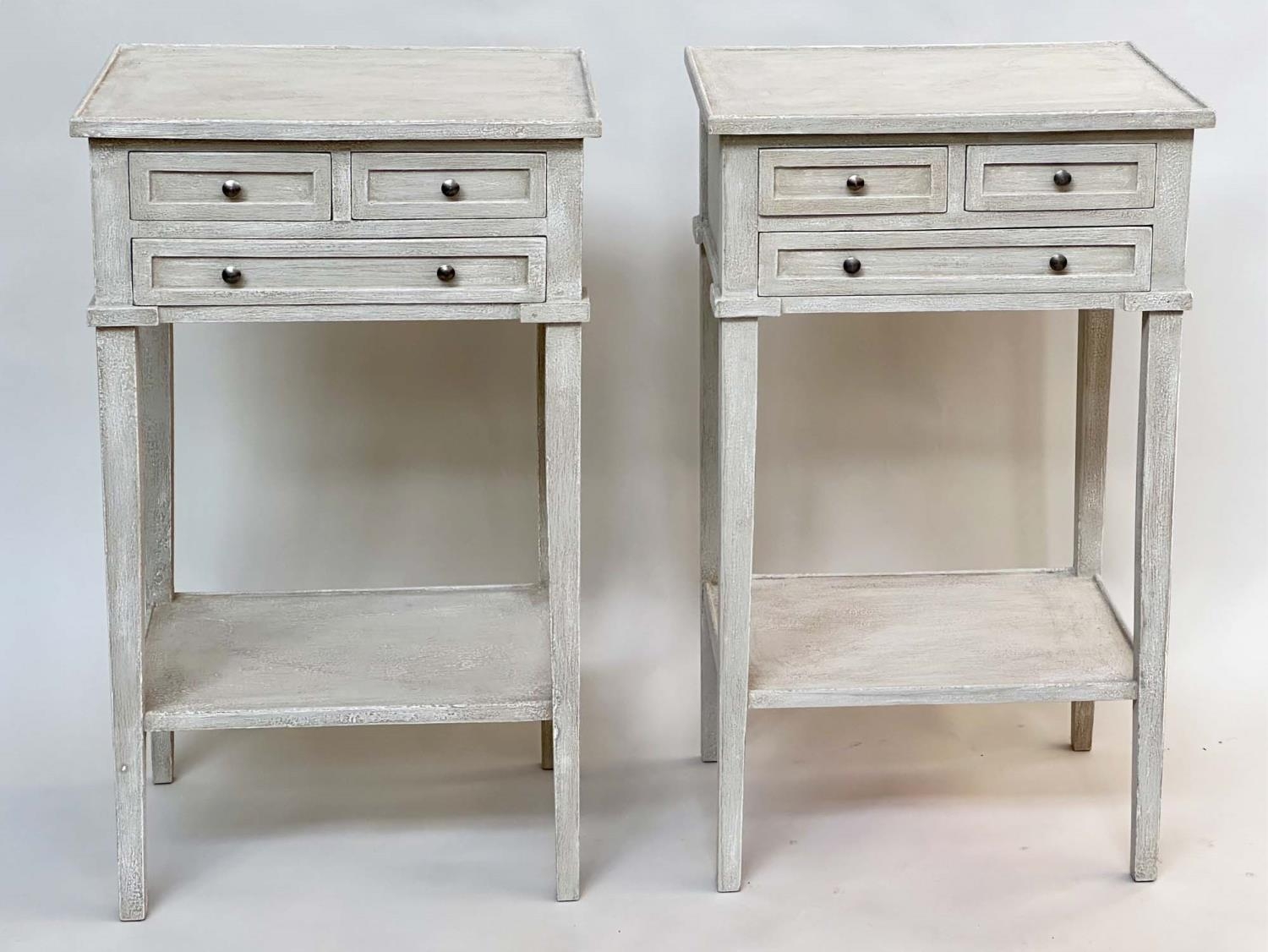 BEDSIDE/LAMP TABLES, a pair, French style grey painted each with three drawers and undertier, 44cm W - Image 4 of 9